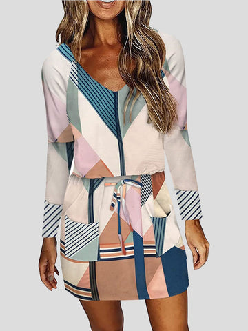 Robe à manches longues imprimée multicolore à lacets et col en V
