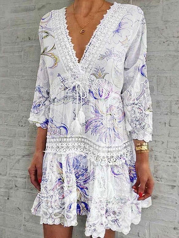 V-Neck Printed Three-Quarter Sleeve Casual Dress