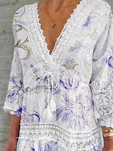 V-Neck Printed Three-Quarter Sleeve Casual Dress