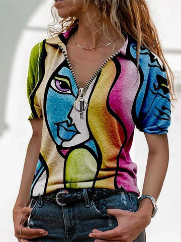 V-Neck Printed Zipper Short Sleeve T-Shirt