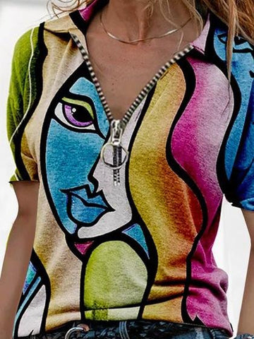 V-Neck Printed Zipper Short Sleeve T-Shirt