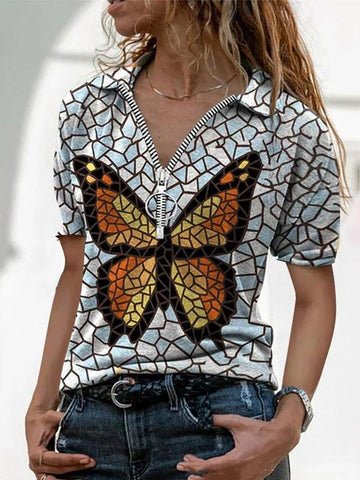 V-Neck Printed Zipper Short Sleeve T-Shirt