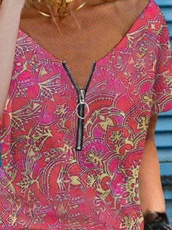 V-neck Printed Zipper Short Sleeve T-shirt