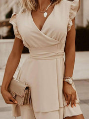 V-neck Ruffle Sleeve Solid Color Dress