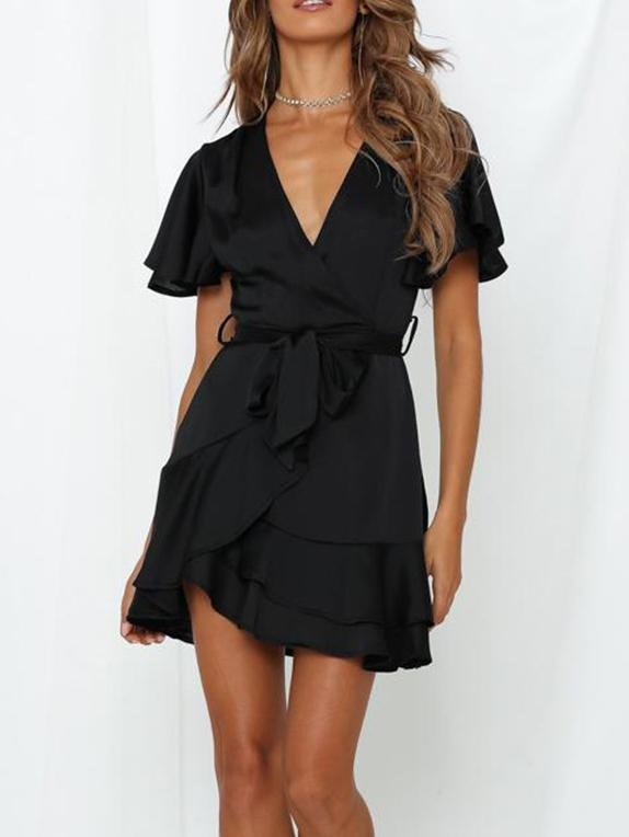 V-neck Ruffled Belt Wrap Mini Dress