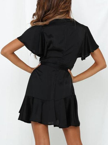 V-neck Ruffled Belt Wrap Mini Dress