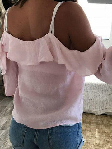 V-Neck Ruffled Off The Shoulder Casual T-Shirt