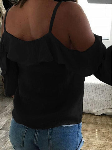 V-Neck Ruffled Off The Shoulder Casual T-Shirt