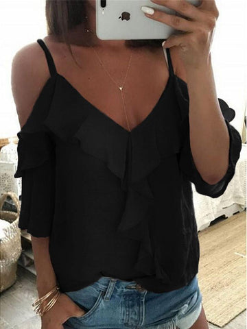 V-Neck Ruffled Off The Shoulder Casual T-Shirt