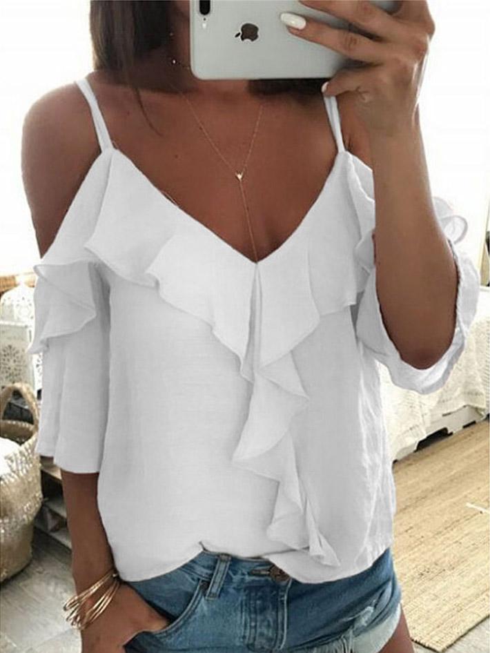 V-Neck Ruffled Off The Shoulder Casual T-Shirt