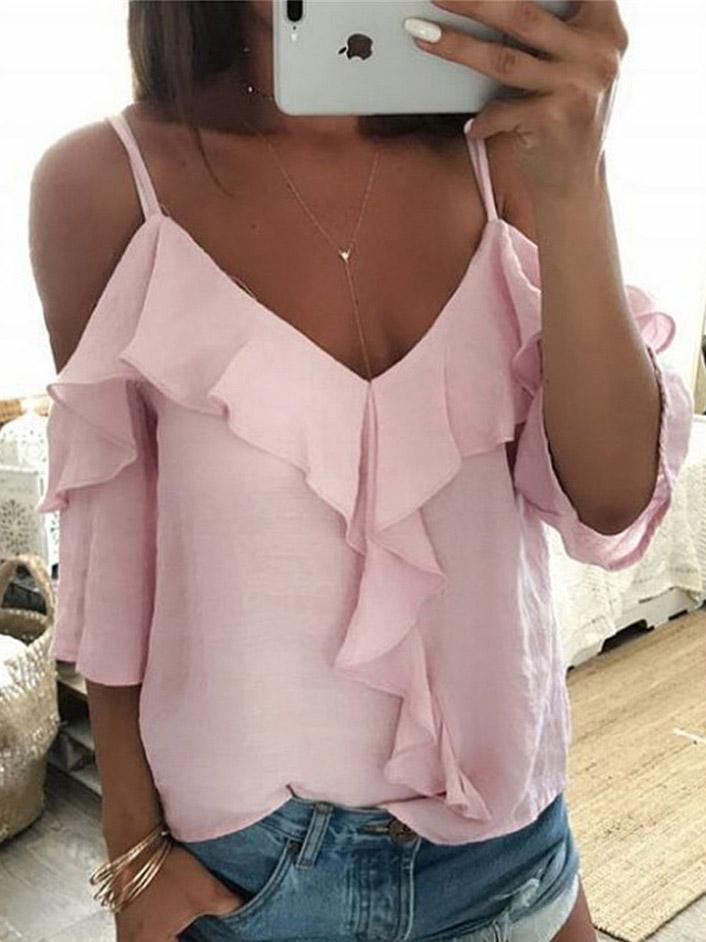 V-Neck Ruffled Off The Shoulder Casual T-Shirt
