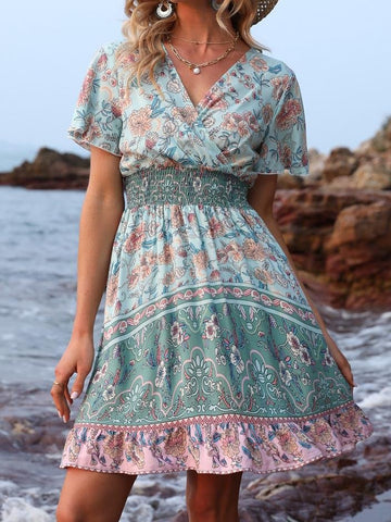 V-Neck Short Sleeve Boho Print Dress