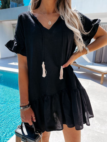 V-neck Short Sleeve Dangle Mini Dress