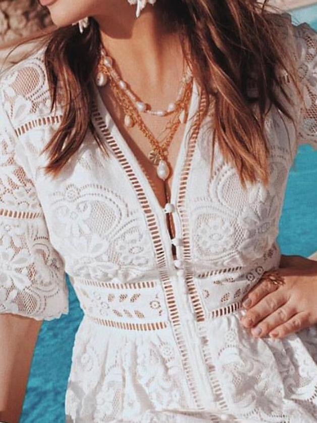 V-neck Short Sleeve Hollow Lace Dress