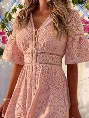 V-neck Short Sleeve Hollow Lace Dress