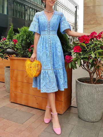 V-neck Short Sleeve Hollow Lace Dress