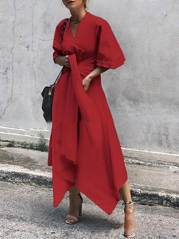 V-Neck Short Sleeve Irregular Maxi Dress