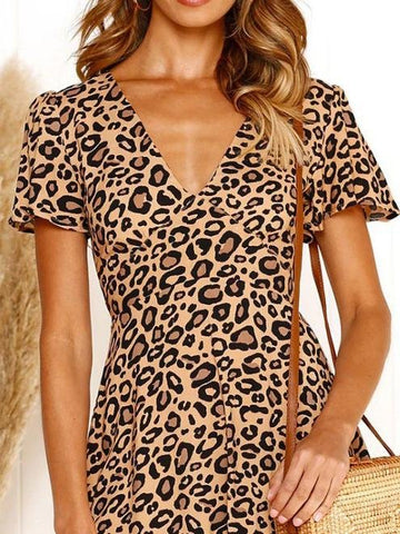 V-Neck Short Sleeve Leopard Print Dress