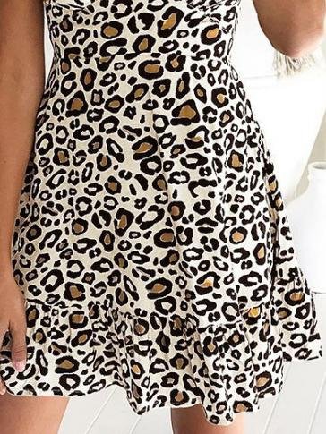 V-Neck Short Sleeve Leopard Print Dress