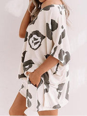 V-Neck Short Sleeve Leopard Print Loungewear Two-Piece Suit