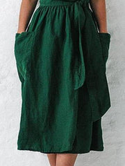 V-neck Short Sleeve Pocket Solid Color Dress