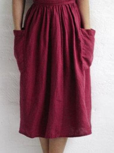 V-neck Short Sleeve Pocket Solid Color Dress