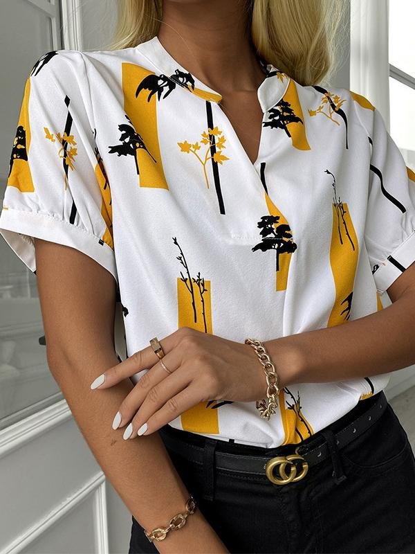 V-neck Short Sleeve Printed Casual Blouses