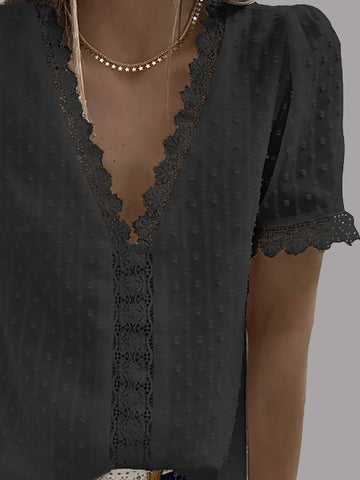 V-neck Short Sleeve Splicing Lace Chiffon Blouses