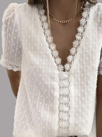 V-neck Short Sleeve Splicing Lace Chiffon Blouses