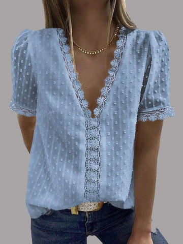 V-neck Short Sleeve Splicing Lace Chiffon Blouses