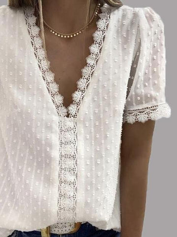 V-neck Short Sleeve Splicing Lace Chiffon Blouses