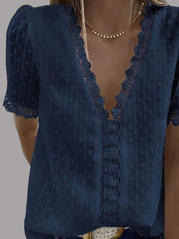 V-neck Short Sleeve Splicing Lace Chiffon Blouses