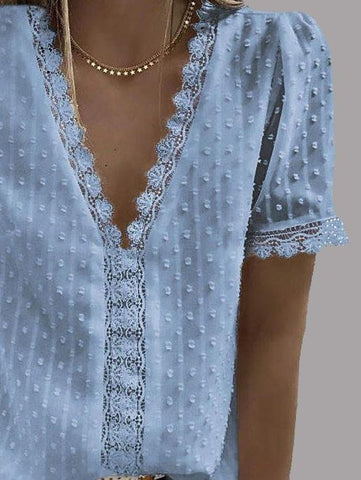 V-neck Short Sleeve Splicing Lace Chiffon Blouses