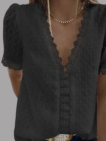 V-neck Short Sleeve Splicing Lace Chiffon Blouses