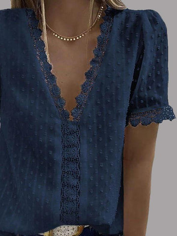 V-neck Short Sleeve Splicing Lace Chiffon Blouses