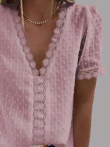 V-neck Short Sleeve Splicing Lace Chiffon Blouses