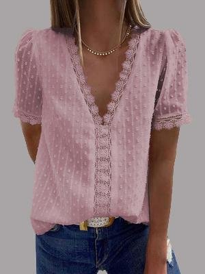 V-neck Short Sleeve Splicing Lace Chiffon Blouses