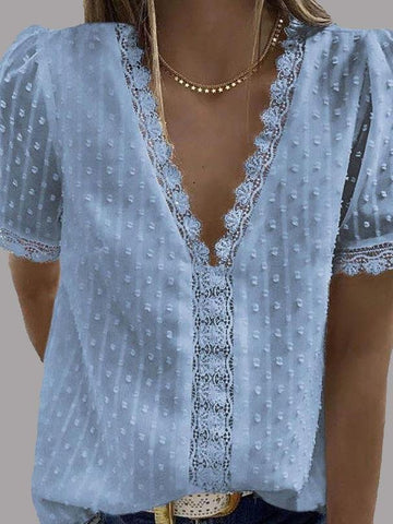 V-neck Short Sleeve Splicing Lace Chiffon Blouses