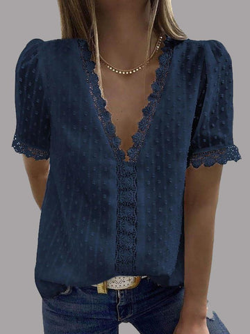 V-neck Short Sleeve Splicing Lace Chiffon Blouses