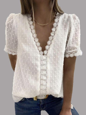 V-neck Short Sleeve Splicing Lace Chiffon Blouses