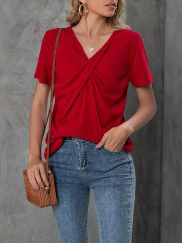 V-neck Short-sleeved Knotted Casual T-shirt