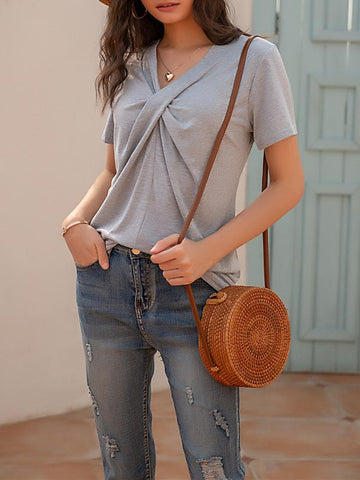 V-neck Short-sleeved Knotted Casual T-shirt