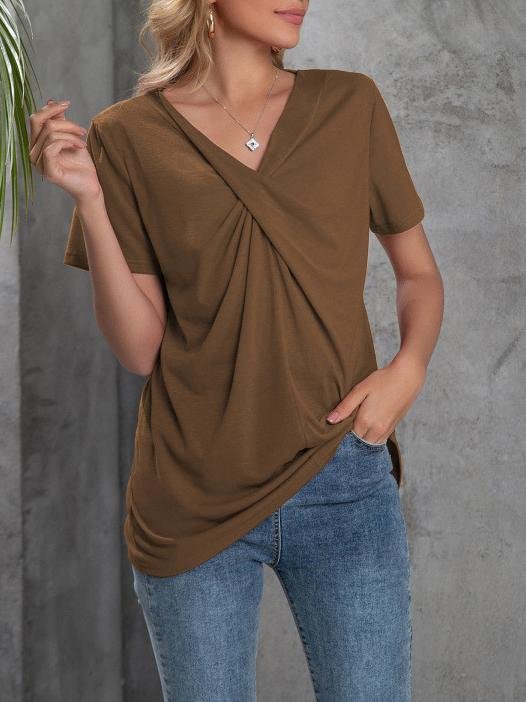 V-neck Short-sleeved Knotted Casual T-shirt