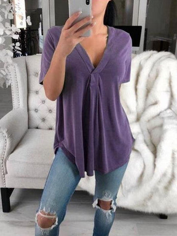 V-neck Short-sleeved Loose Solid T-shirt