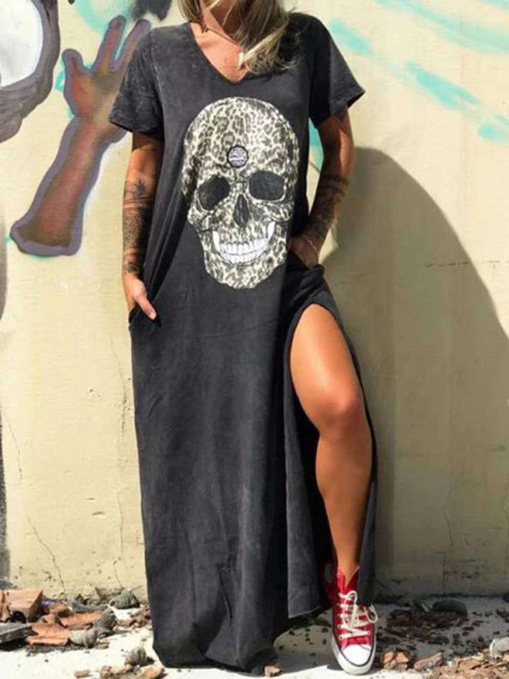 V-neck Short-sleeved Skull Print Slit T-shirt Dress