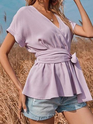 V-neck Short-sleeved Solid Loose Blouse