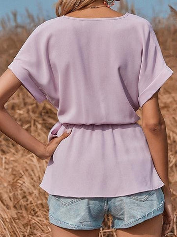 V-neck Short-sleeved Solid Loose Blouse