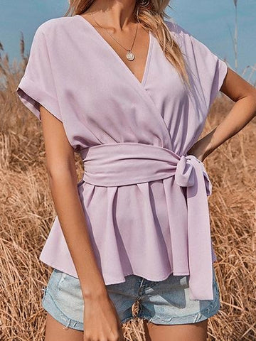 V-neck Short-sleeved Solid Loose Blouse