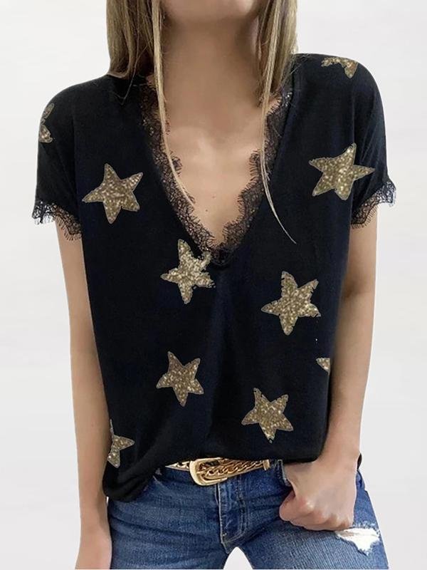 V-neck Short-sleeved Star Print Lace T-shirt