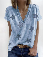 V-neck Short-sleeved Star Print Lace T-shirt